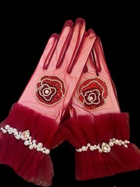Women's Burgundy Mesh Gloves with Red Beaded Floral Appliqué